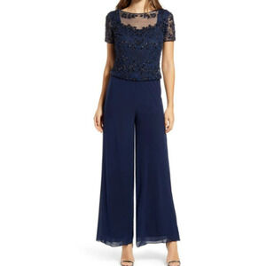 Pisarro Nights Beaded Mock Two-piece Jumpsuit In Navy Size 12 NEW WITH TAGS